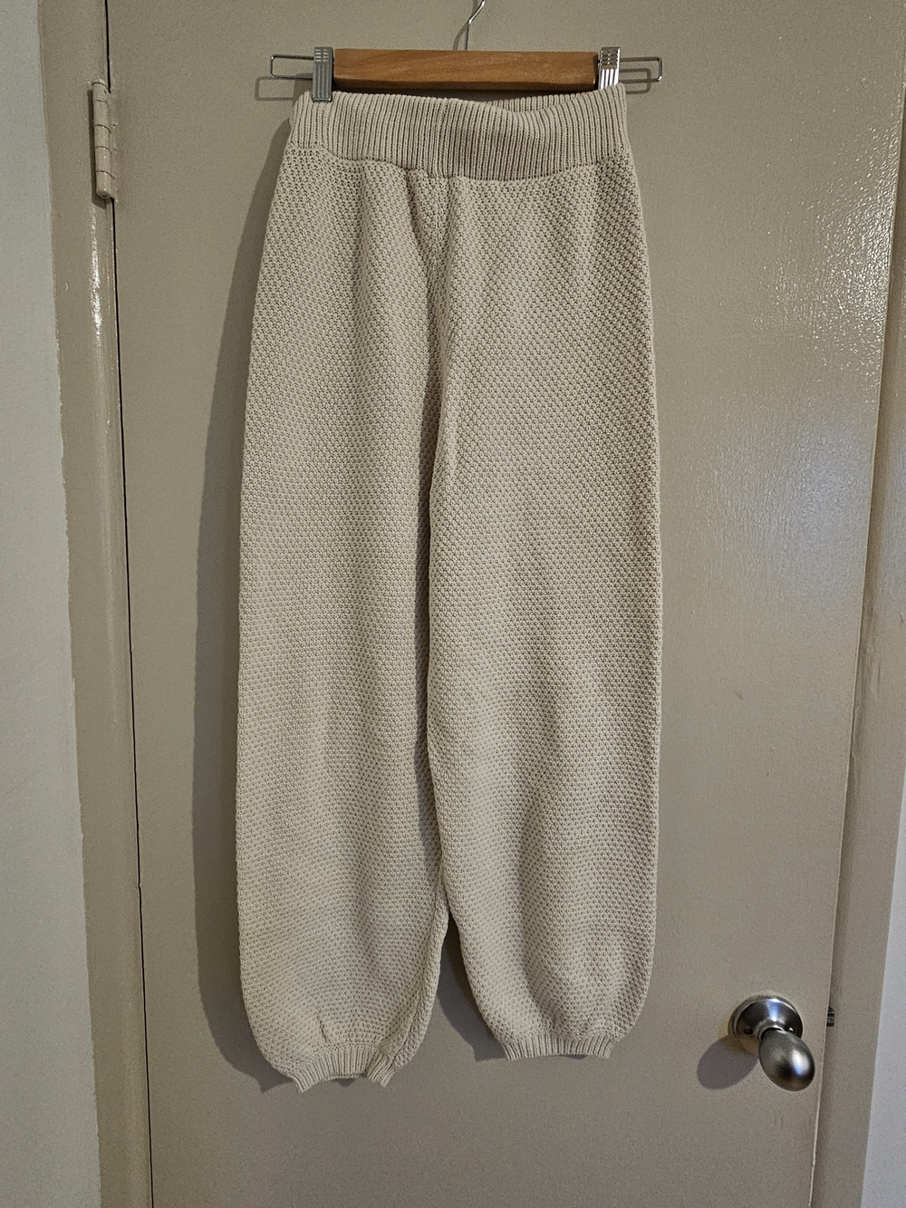 Cream Knit Jogger Pants with Ribbed Waist